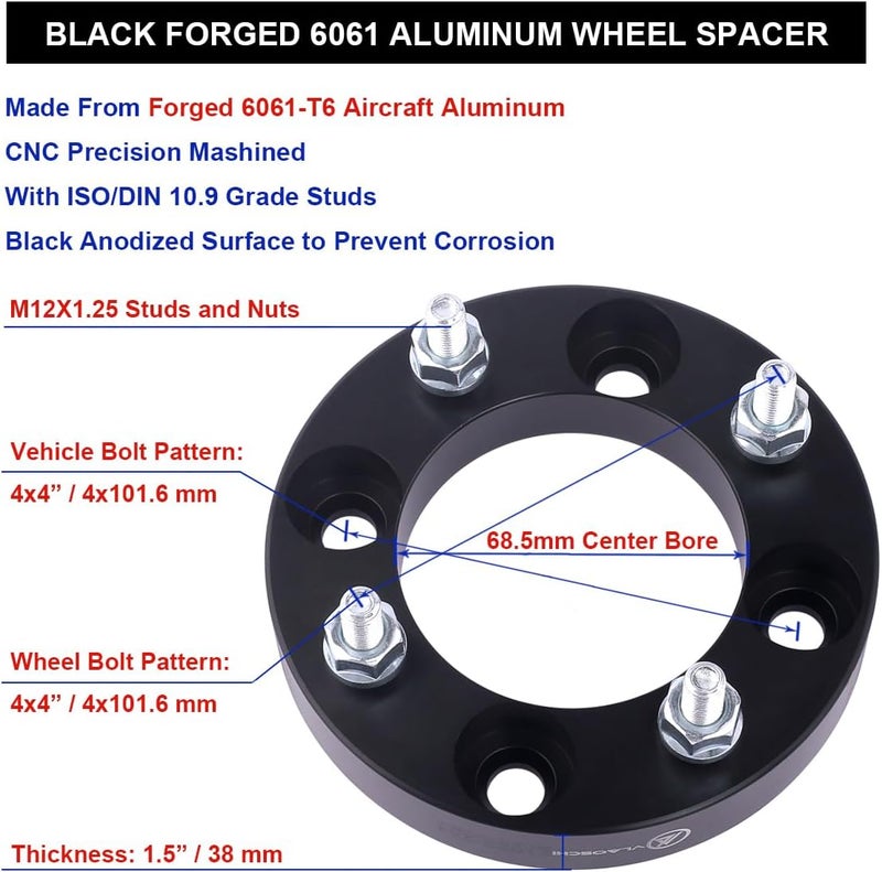 VLAOSCHI فواصل عجلات مطروقة سوداء 4x4 بسمك 1.5 بوصة مع مسامير M12x1.25 متوافقة مع عربة جولف ياماها (نمط برغي 4x101.6 وفتحة مركزية 68.5 مم) - عبوة من 2 - Image 4